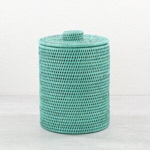 NEW Tight Woven Rattan Waste Basket Bin w Lid (with Plastic Insert)-Turquoise